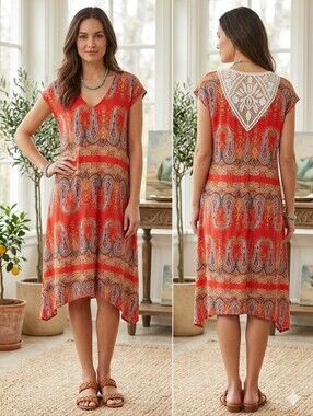 World Unity Boho Orange Crochet Detail Back Vivid Print Asymmetrical Dress